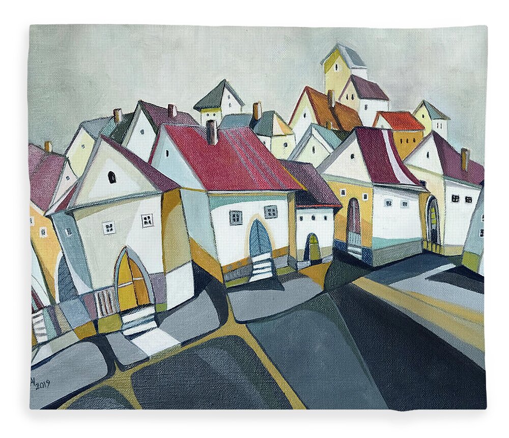 Semi-abstract Painting Fleece Blanket featuring the painting The placid town by Aniko Hencz