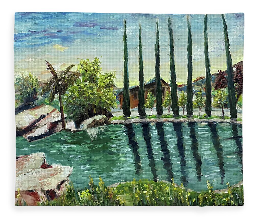 Gershon Bachus Vintners Fleece Blanket featuring the painting The Pond at Gershon Bachus Vintners Temecula by Roxy Rich