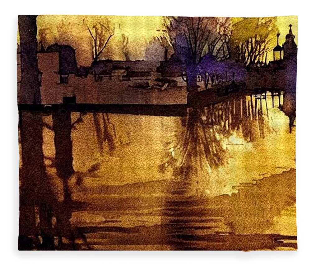 Waterloo Village Fleece Blanket featuring the painting The Pond at Waterloo Village, Morris Canal, Golden Hour by Christopher Lotito