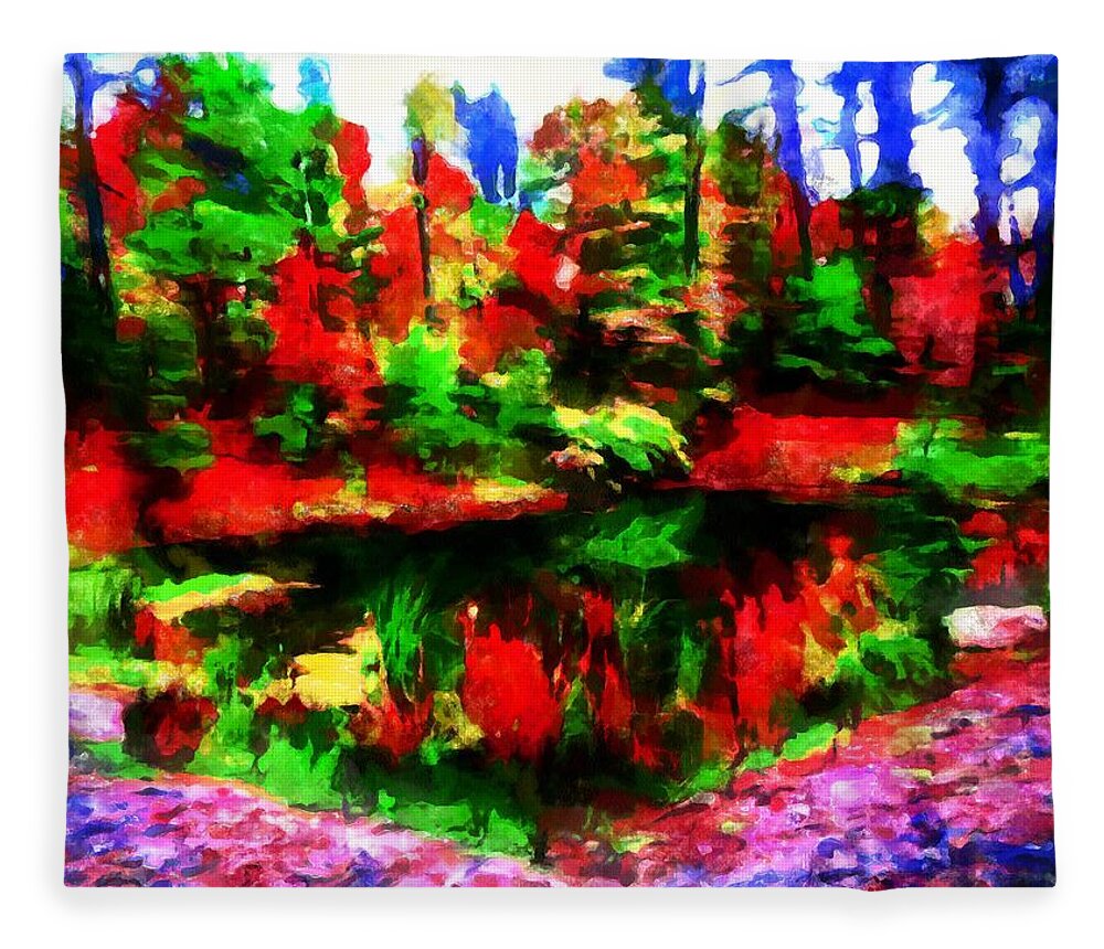 Pond Fleece Blanket featuring the mixed media The Pond in Autumn by Christopher Reed