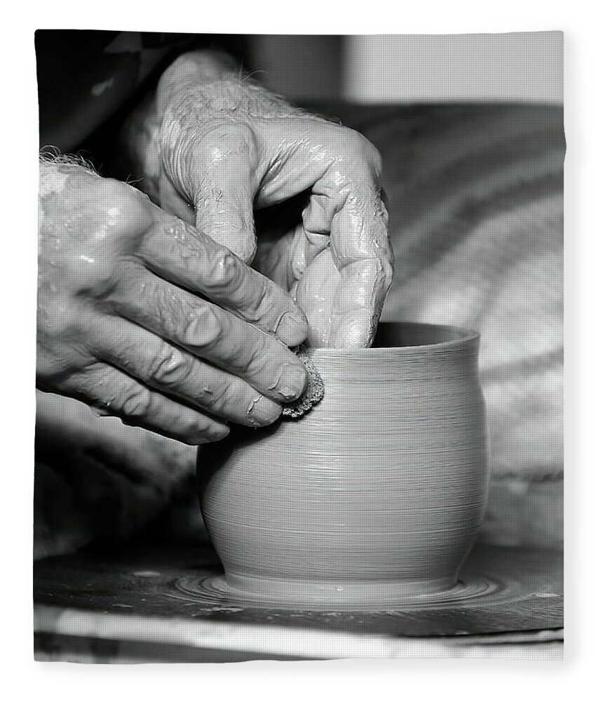 Ceramic Fleece Blanket featuring the photograph The Potter's Hands bw by Lens Art Photography By Larry Trager
