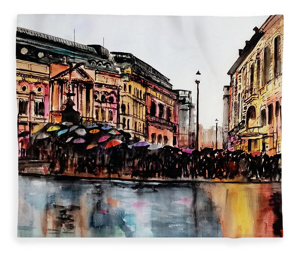  Fleece Blanket featuring the painting The Protest Under Raining in Piccadilly Circus London UK by Francisco Gutierrez