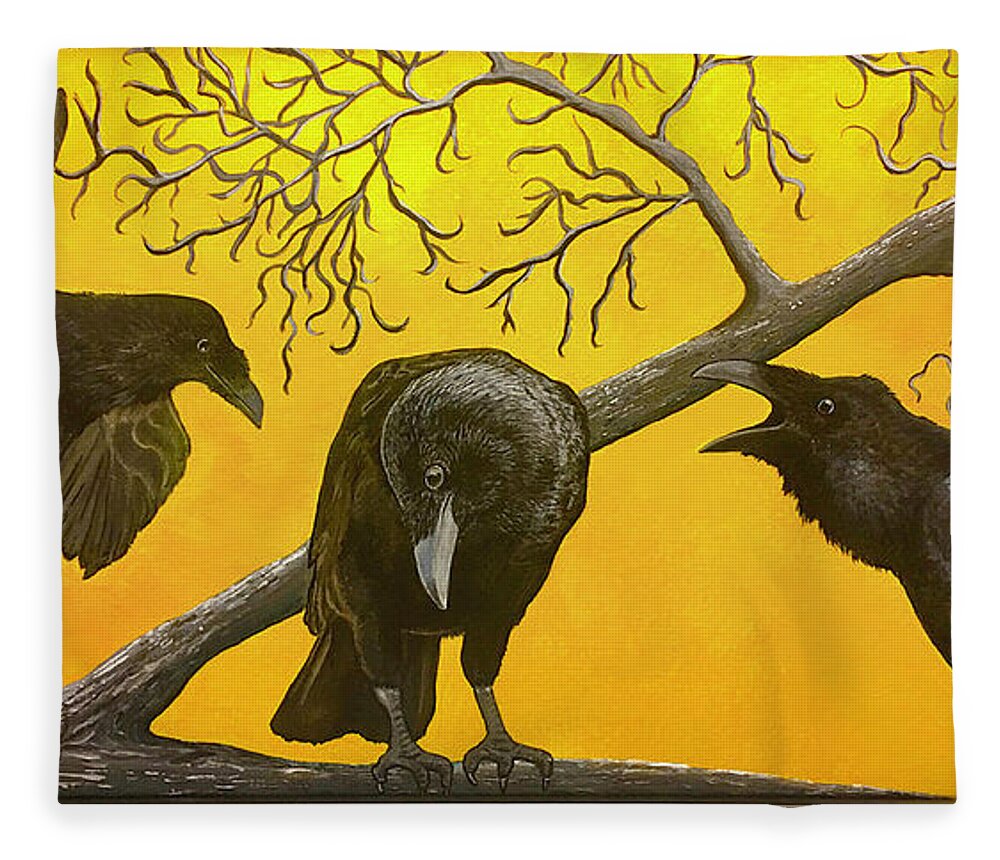 Birds Fleece Blanket featuring the painting The Raven Triad by Shirley Dutchkowski