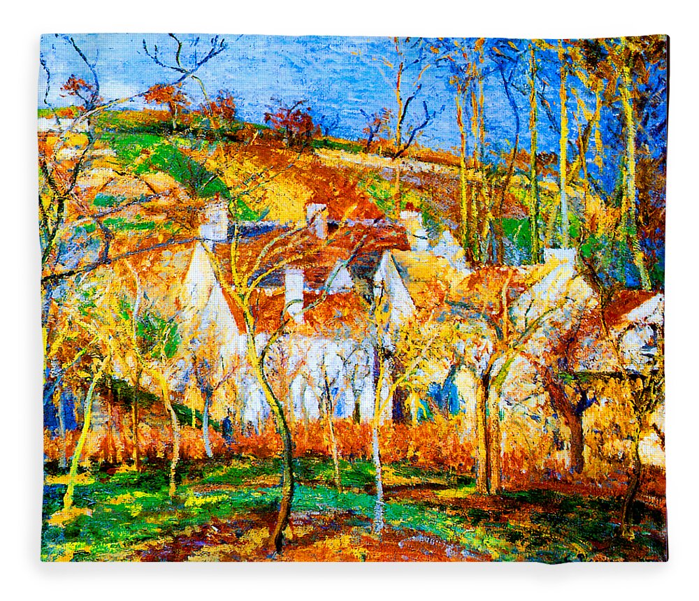 Camille Fleece Blanket featuring the painting The Red Roofs, Corner of a Village Winter 1877 by Camille Pissarro