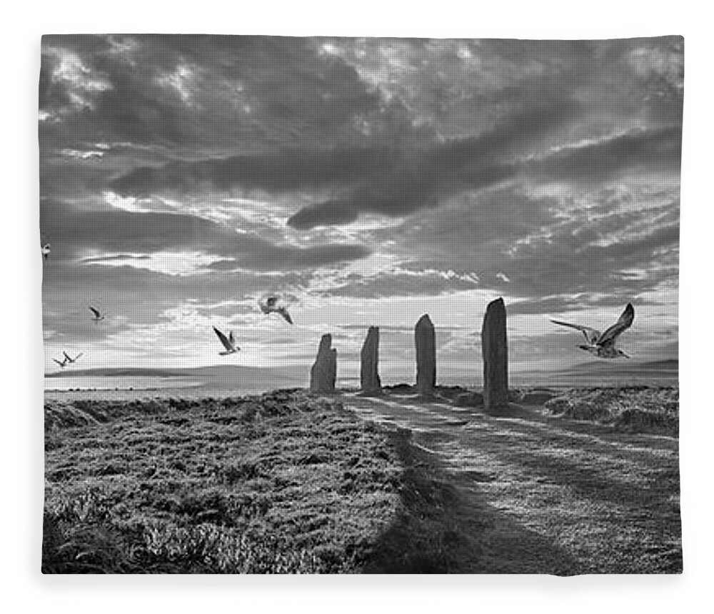 Ring Of Brodgar Fleece Blanket featuring the photograph Sacred Stone - The Ring of Brodgar Stone Circle Black and white photo by Paul E Williams