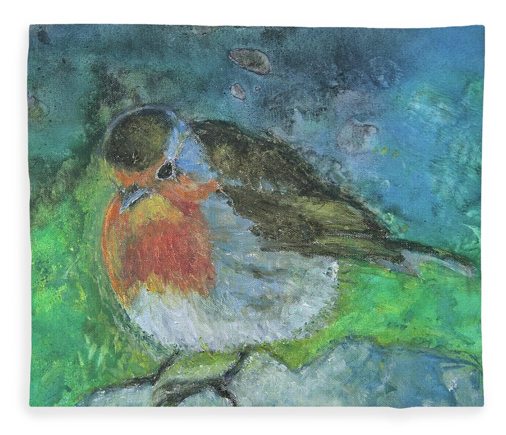 Robin Fleece Blanket featuring the painting The Robin Bird by Vibeke Moldberg