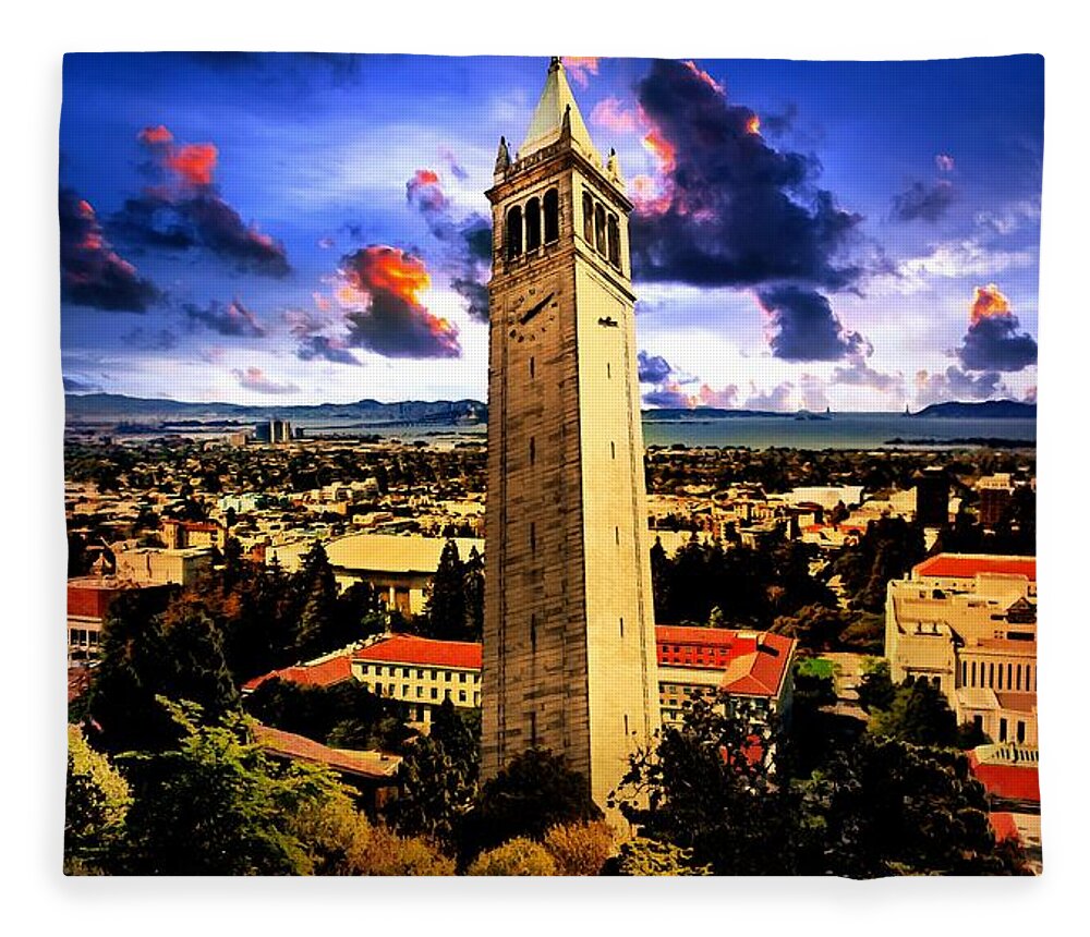Berkeley Fleece Blanket featuring the digital art The Sather Tower and a a view to Berkeley Campus, downtown Berkeley and San Francisco Bay at sunrise by Nicko Prints