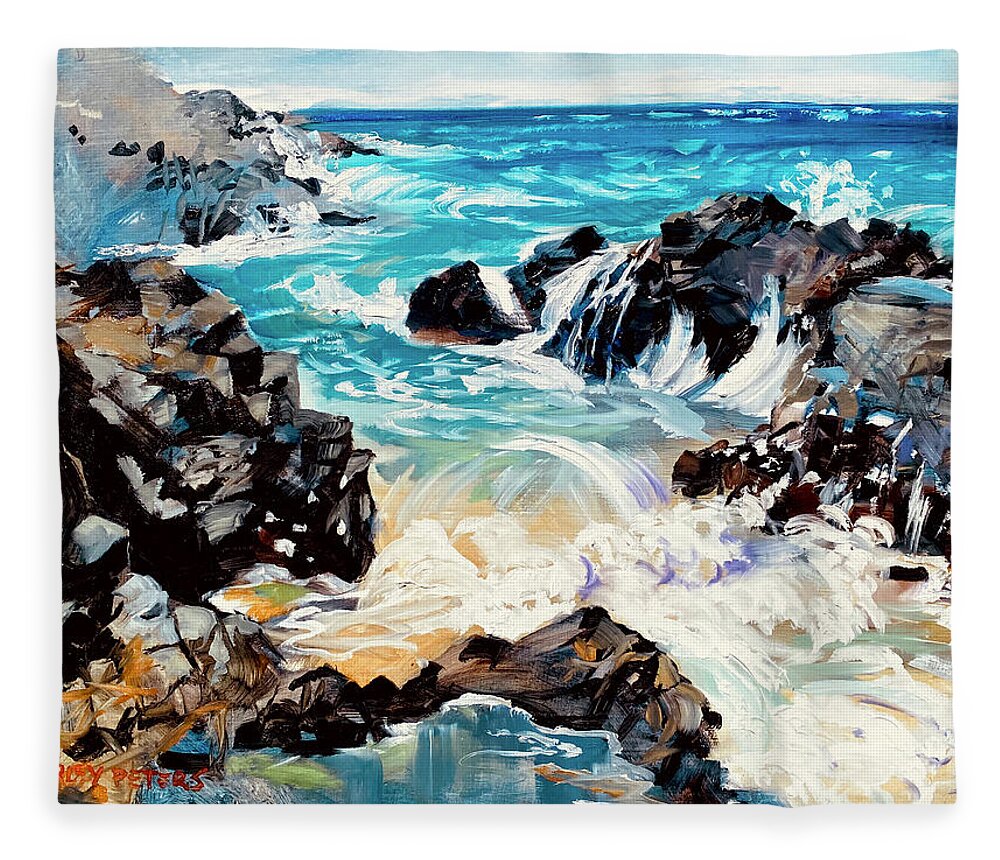 Beachscape Fleece Blanket featuring the painting The Sound of Waves by Shirley Peters