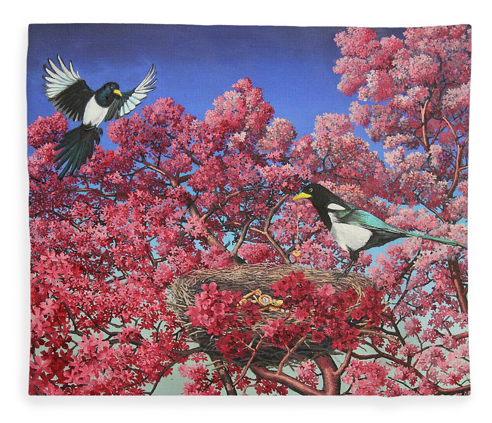 Magpie Fleece Blanket featuring the painting The Treasure Hunters by Michael Goguen