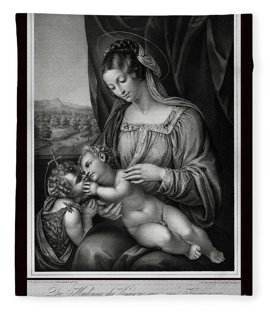 Virgin And Child Fleece Blanket featuring the painting The Virgin and Child,With Infant Saint John the Baptist by Engraver Franz Hanfstangl Classical Art by Rolando Burbon