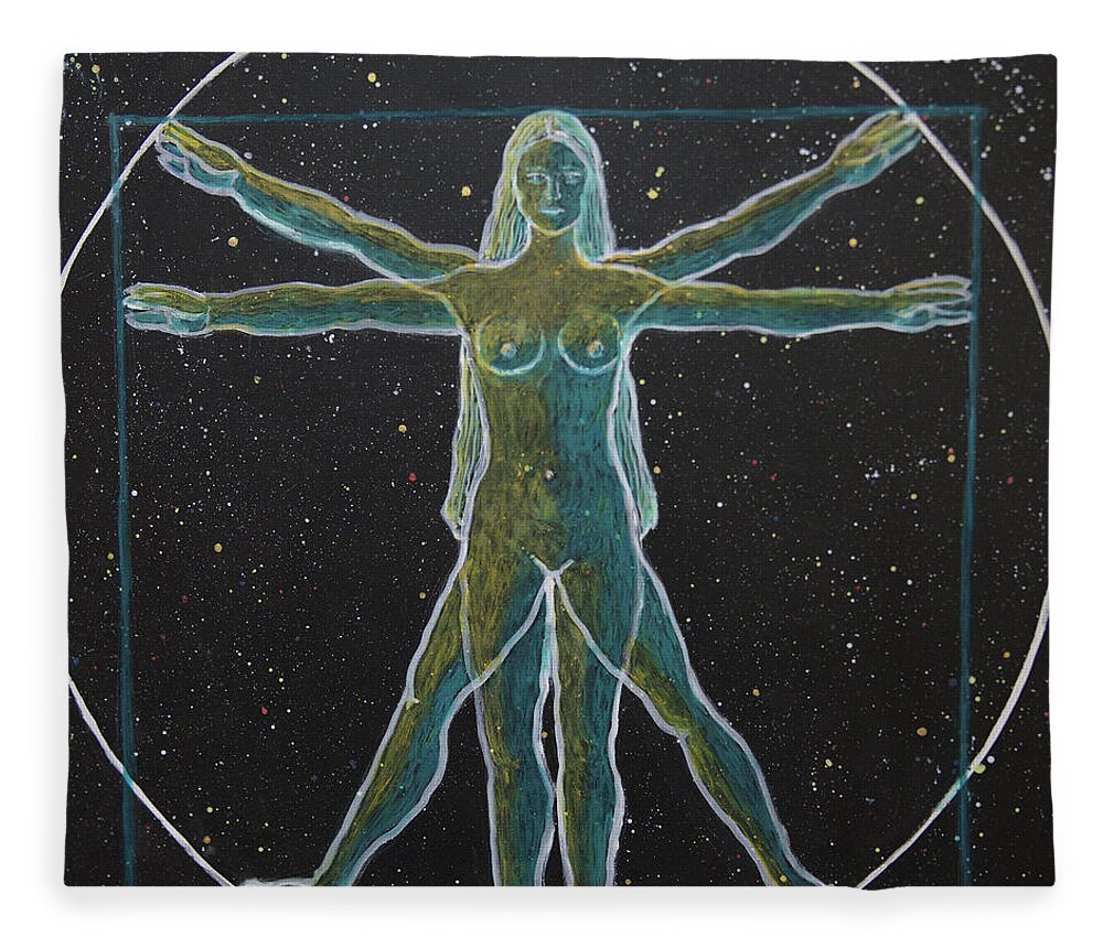 Davinci Fleece Blanket featuring the painting The Vitruvian Goddess by Vibeke Moldberg