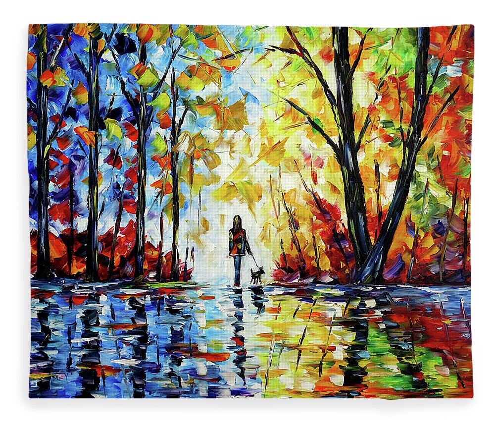 Woman Alone Fleece Blanket featuring the painting The Woman With The Dog by Mirek Kuzniar
