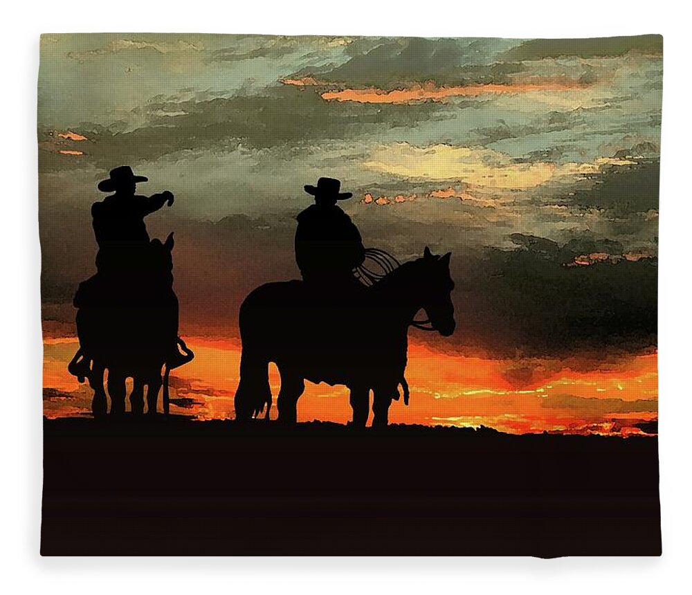 Indian Inks Fleece Blanket featuring the painting Wrangling Riders by Simon Read