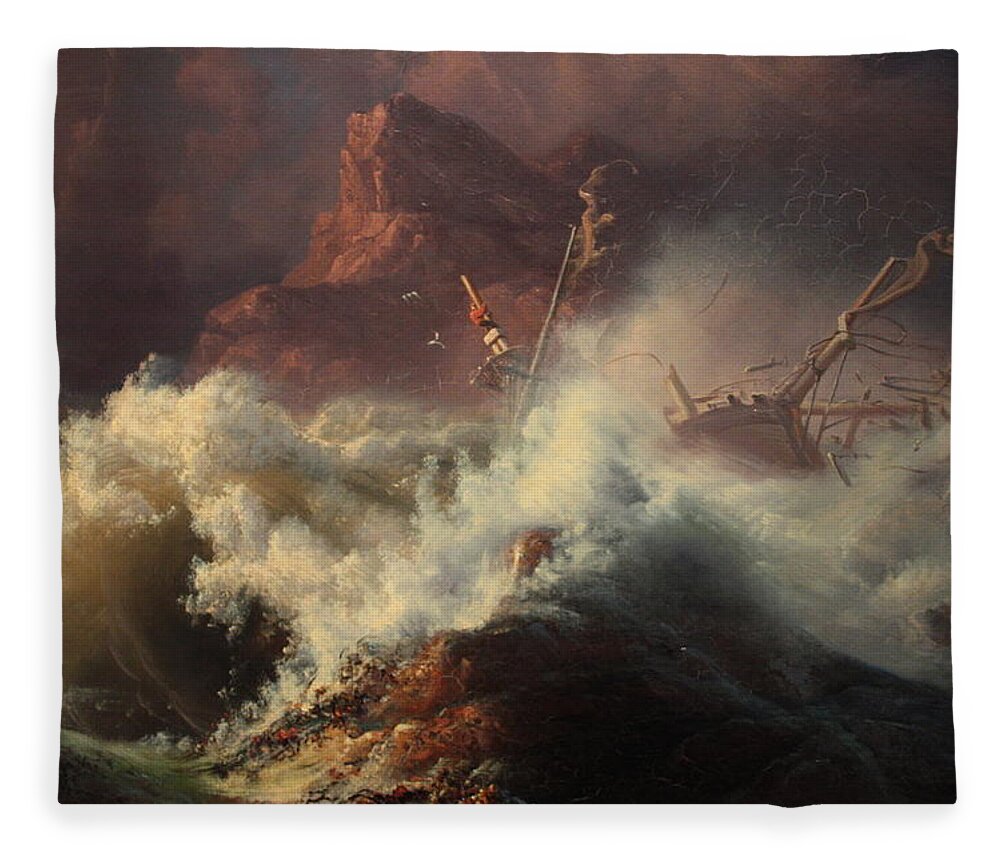 Vintage Fleece Blanket featuring the painting The Wreck, by Knud Andreassen Baade c.1835 by MotionAge Designs