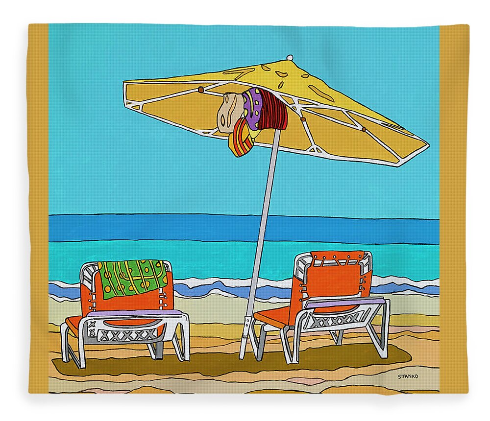 Beach Chairs Sand Ocean Water Summer Umbrella Fleece Blanket featuring the painting The yellow umbrella by Mike Stanko