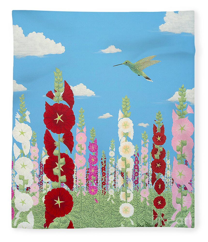 Hummingbirds Flitting Over Hollyhocks Fleece Blanket featuring the painting These Are For You Part Three by Doug Miller