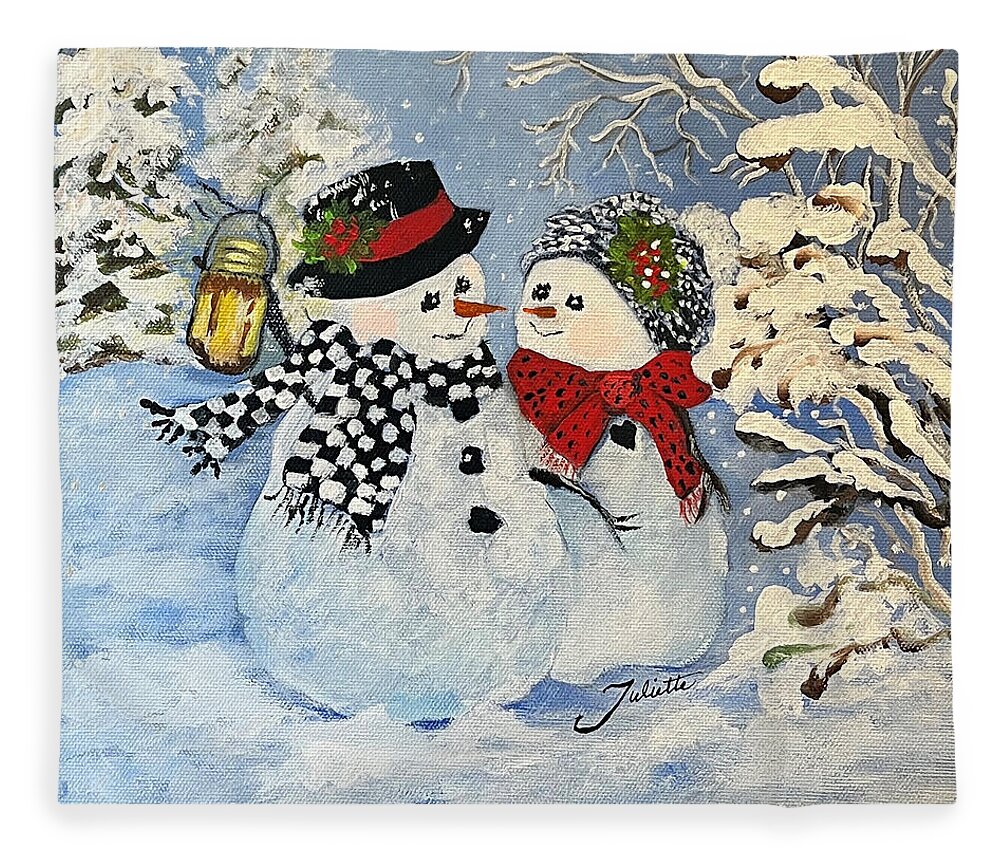 Snowman Fleece Blanket featuring the painting This is a Fine Snowmance by Juliette Becker