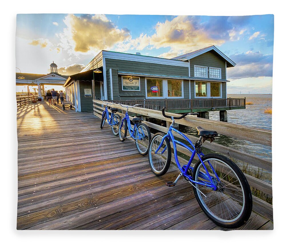 Clouds Fleece Blanket featuring the photograph Three Bicycles on the Dock Jekyll Island by Debra and Dave Vanderlaan
