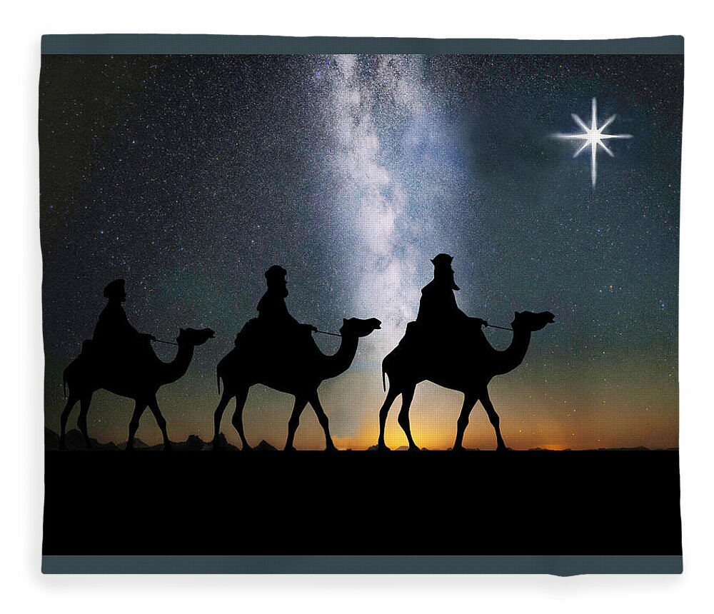 Three Kings Fleece Blanket featuring the mixed media Three Kings Going To Bethlehem by Sandi OReilly
