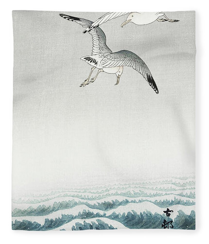 Antique Fleece Blanket featuring the painting Three seagulls by MotionAge Designs