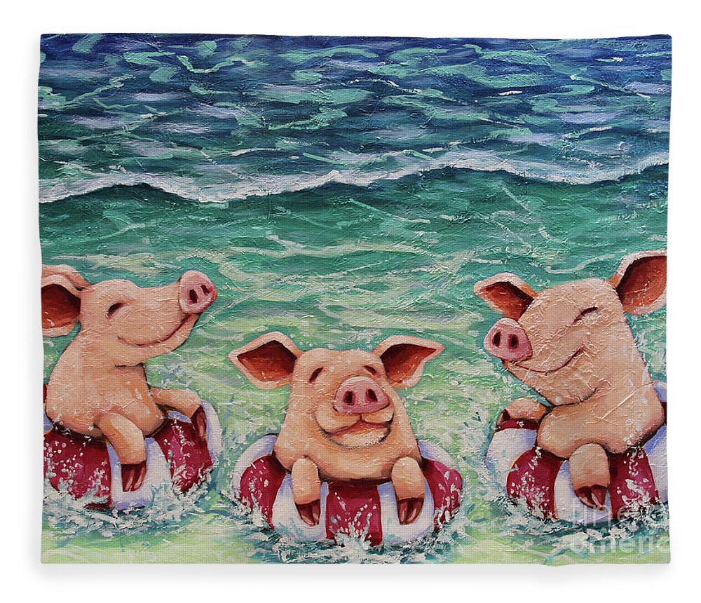 Pig Fleece Blanket featuring the painting Three Swimming Pigs by Lucia Stewart