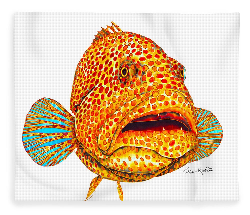 Tiger Grouper Fleece Blanket featuring the painting Tiger Grouper white background by Daniel Jean-Baptiste