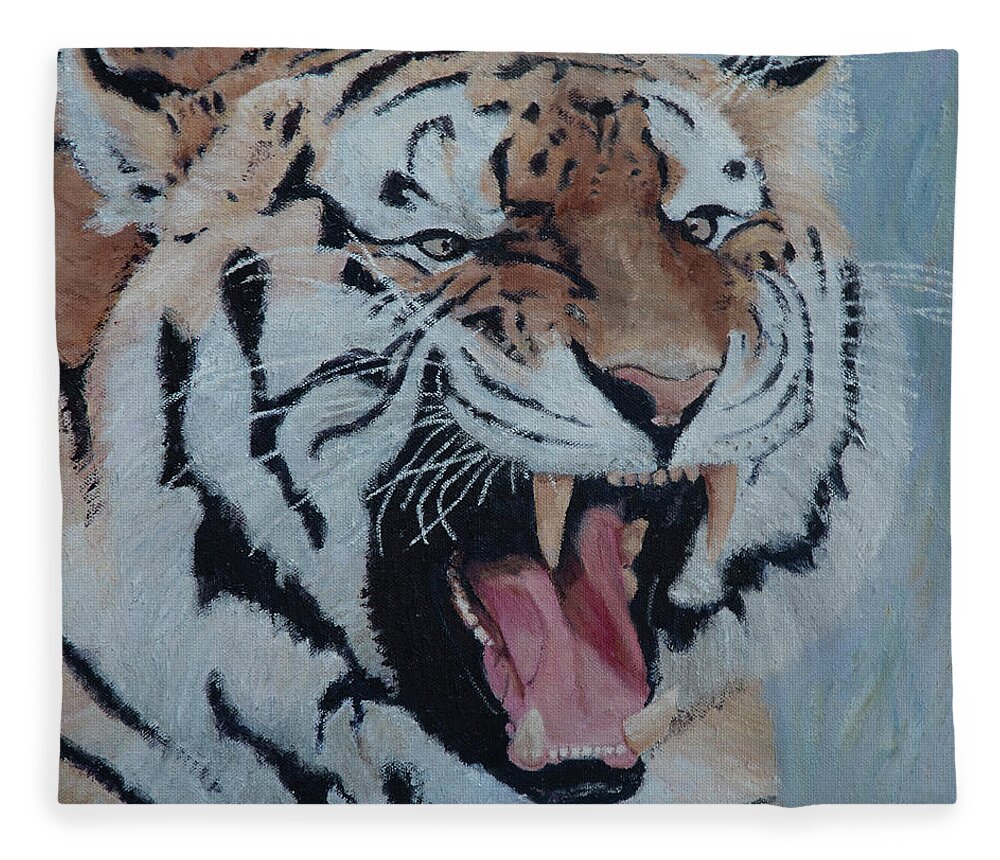 Cat Fleece Blanket featuring the painting Tiger by Masami IIDA