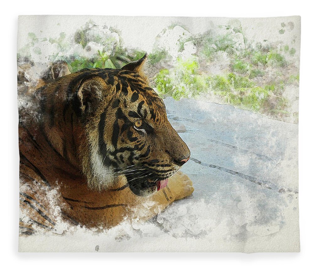 Tiger Fleece Blanket featuring the digital art Tiger Portrait with Textures by Alison Frank