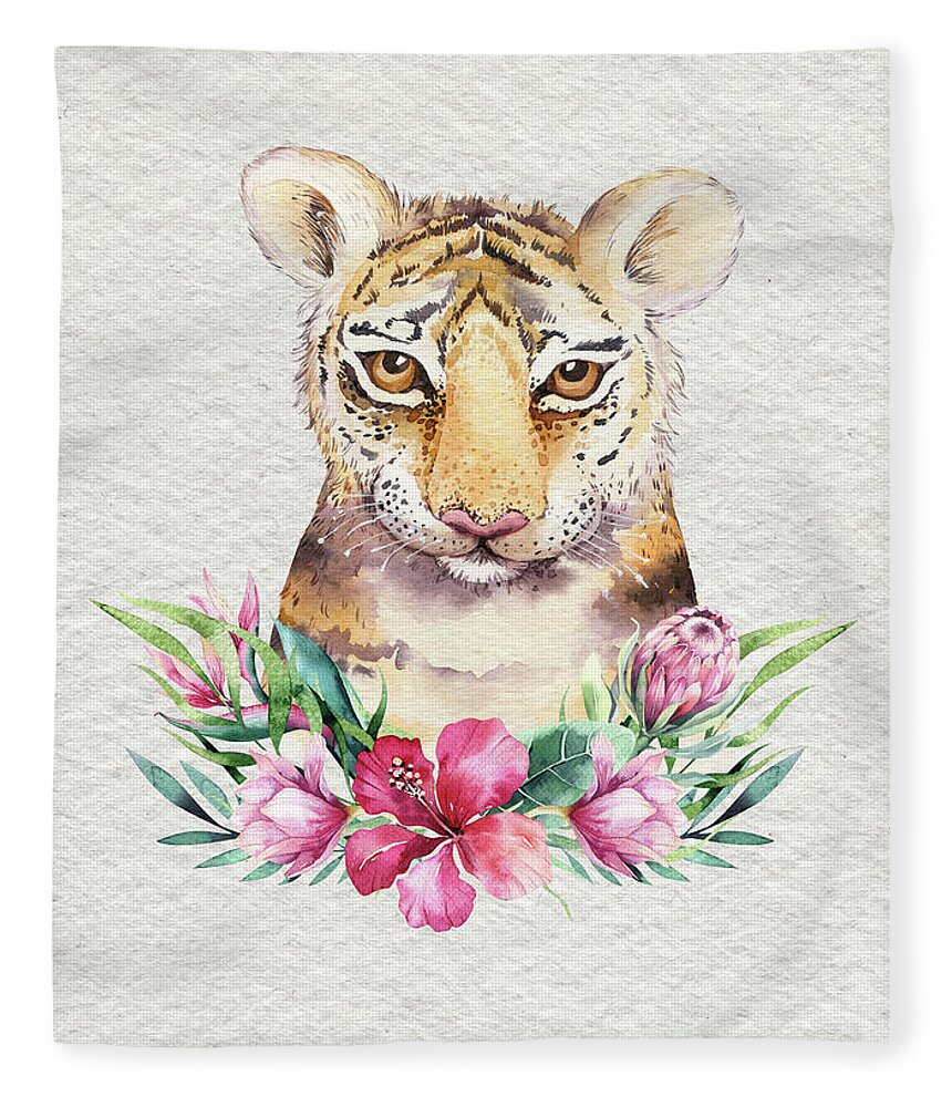 Tiger With Flowers Fleece Blanket featuring the painting Tiger With Flowers by Nursery Art