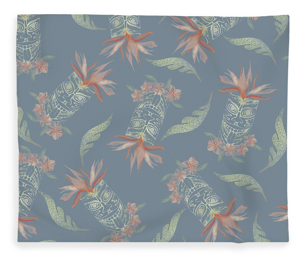 Tiki Fleece Blanket featuring the digital art Tiki Floral Pattern by Sand And Chi