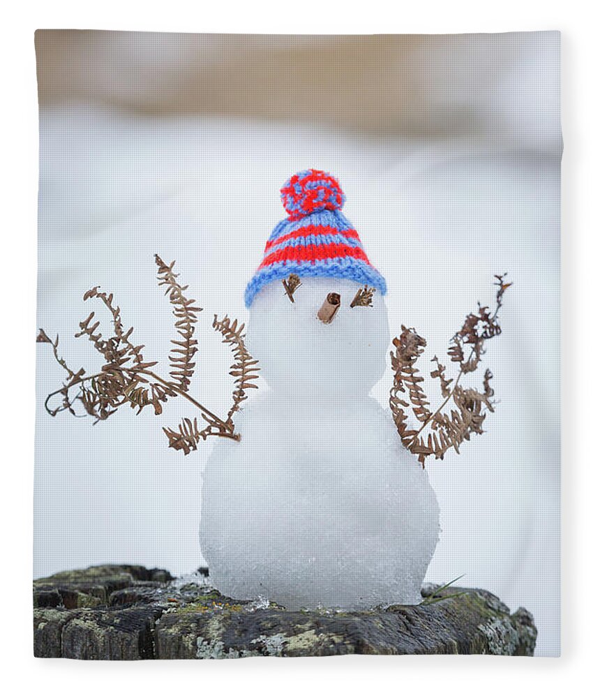 Snowman Fleece Blanket featuring the photograph Tiny Snowman with a wooly hat by Anita Nicholson