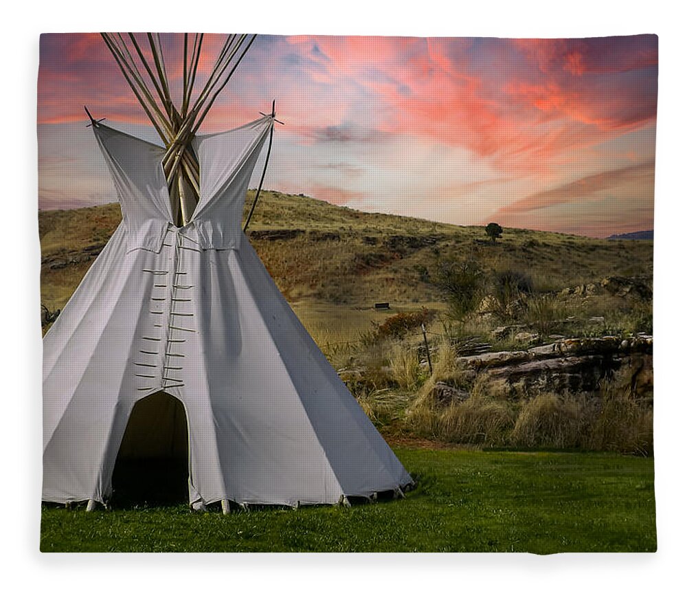 Native Temporary Housing Fleece Blanket featuring the photograph Tipi at Sunset by Laura Putman