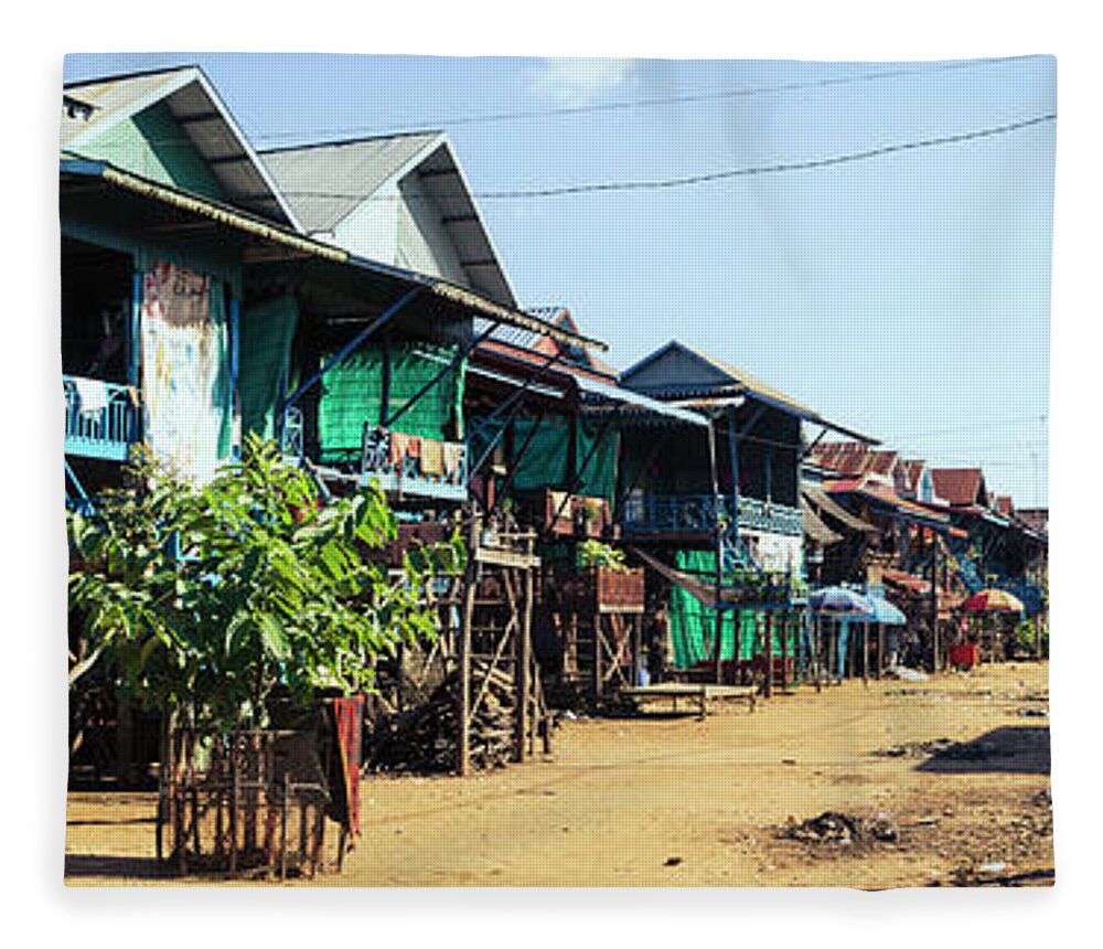 Panoramic Fleece Blanket featuring the photograph Tonlesap lake cambodia floating village chong khneas by Sonny Ryse