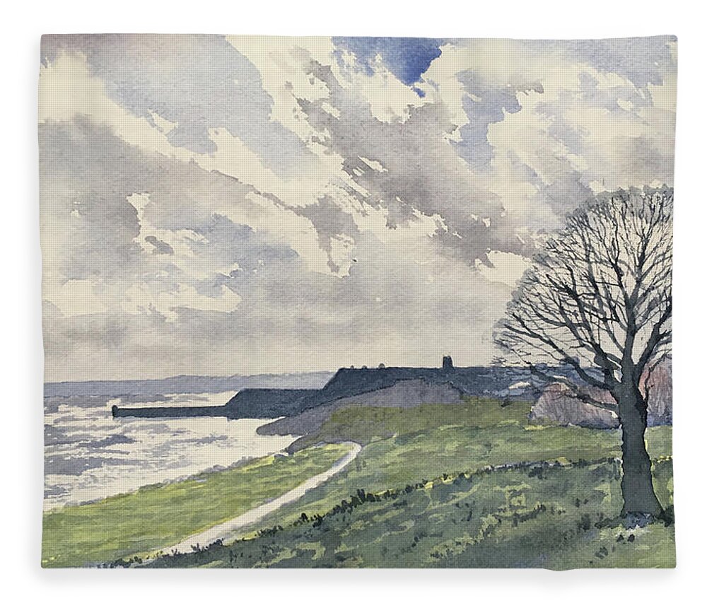 Watercolour Fleece Blanket featuring the painting Towards Bridlington Bay from Sewerby Heads by Glenn Marshall
