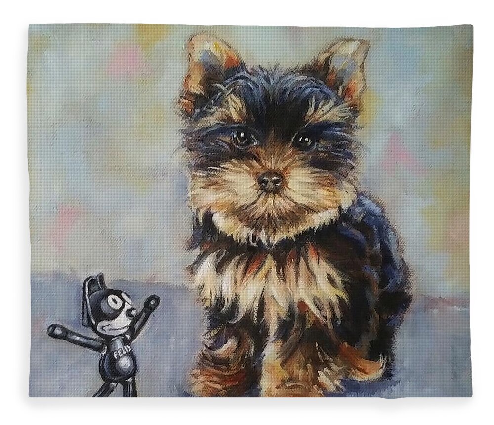 Yorkie Fleece Blanket featuring the painting Toy VS Toy by Jean Cormier