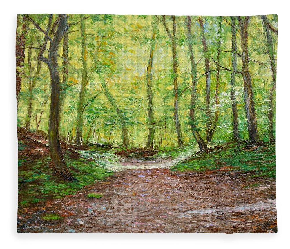 Forest Fleece Blanket featuring the painting Track through a sunlit forest by Dai Wynn