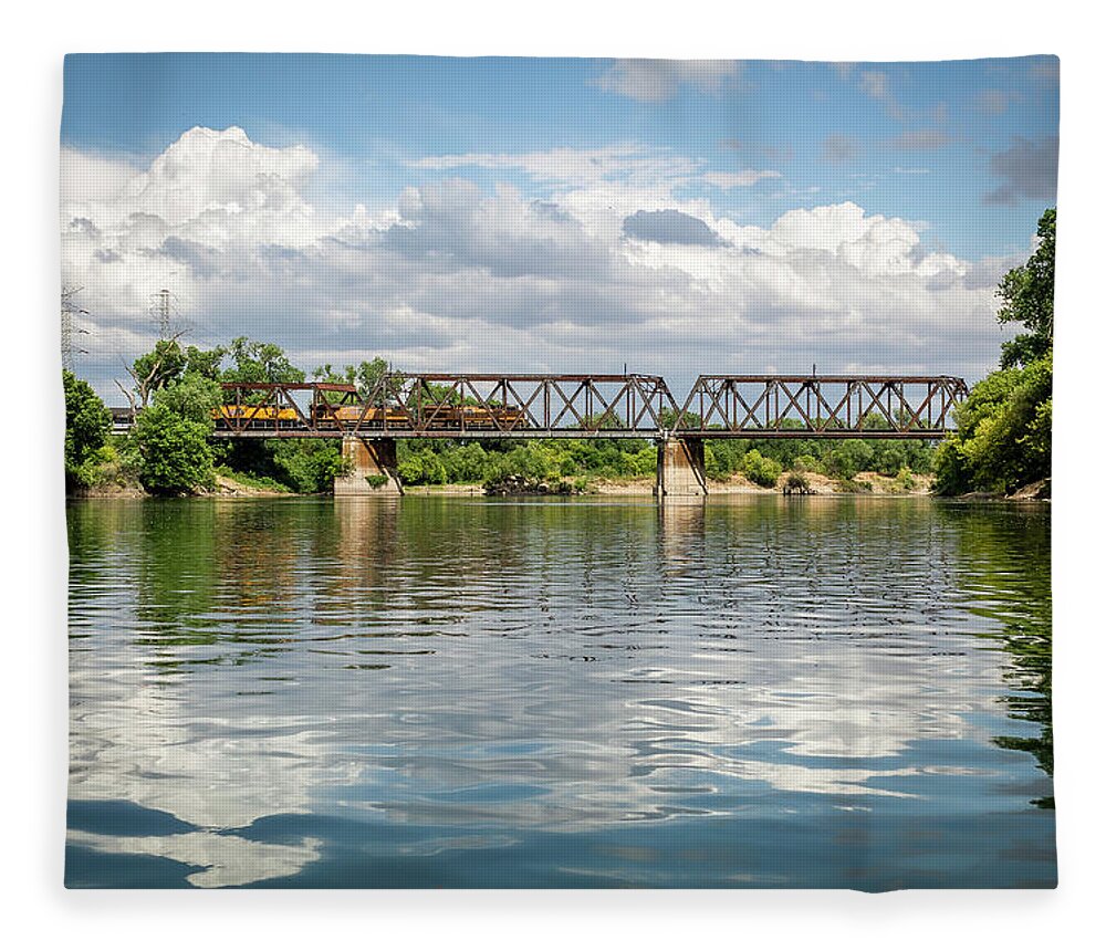 River Fleece Blanket featuring the photograph Train Over American River by Gary Geddes