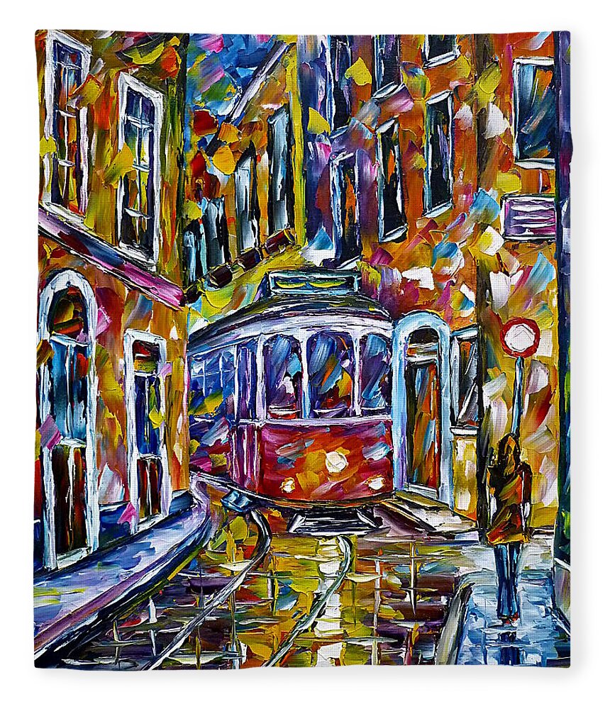 Lisboa Fleece Blanket featuring the painting Tram In Lisbon II by Mirek Kuzniar