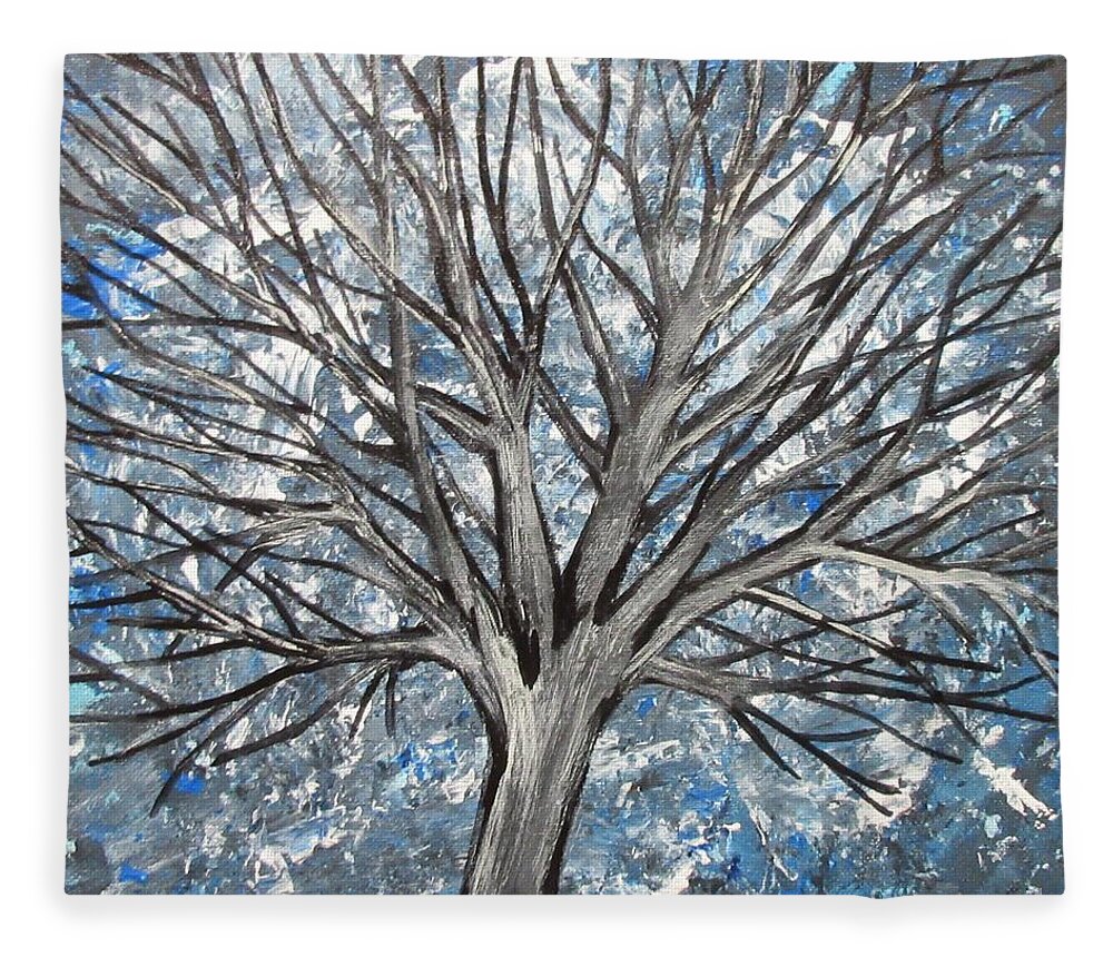 Tree Trees Blue Grey Pillow Cushion Abstract Night Bag Mask Towel Office Decor Fleece Blanket featuring the painting Tree At Night by Bradley Boug