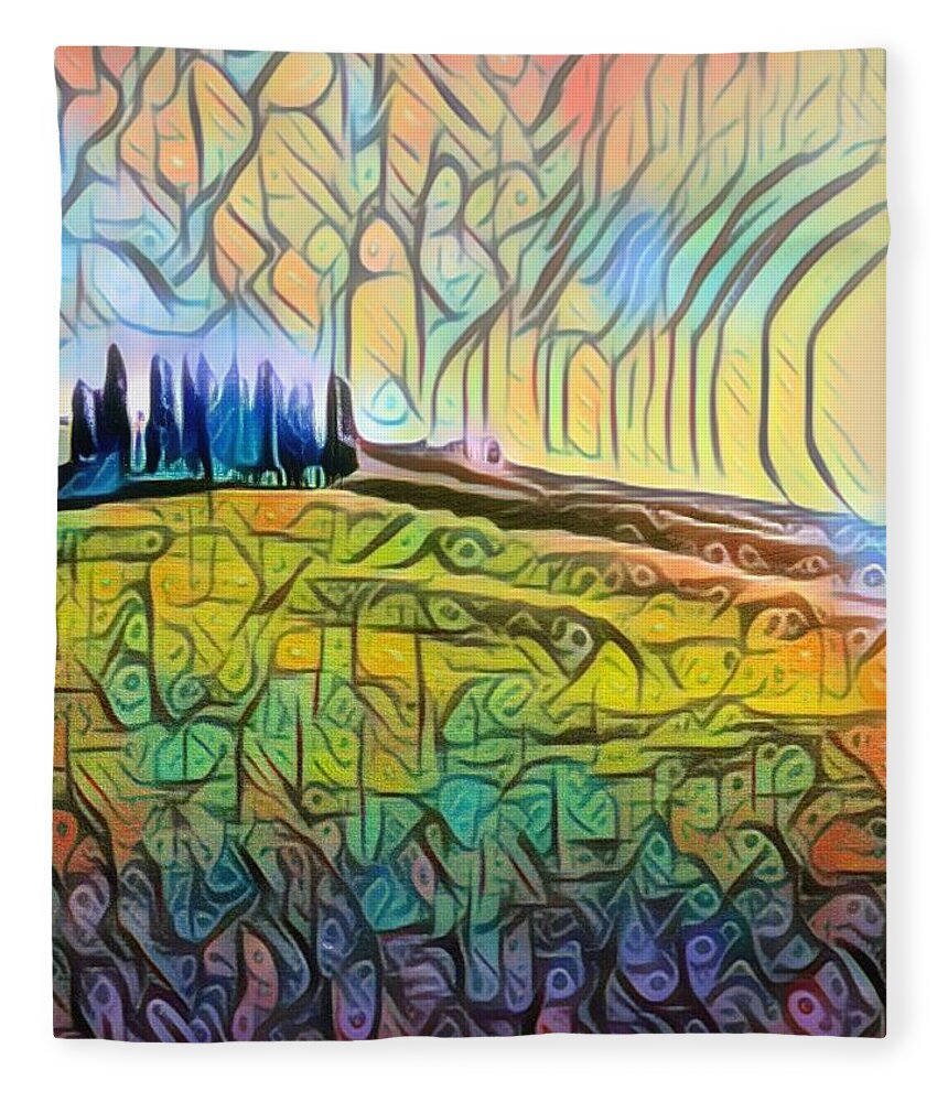 Aestheticism Fleece Blanket featuring the painting Trees Hill Landscape 1 by Tony Rubino