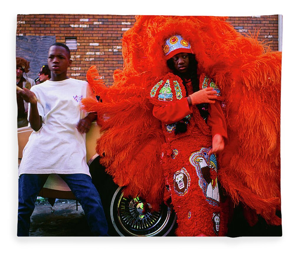 Mardi Gras Fleece Blanket featuring the photograph Treme - Mardi Gras Black Indian Parade, New Orleans by Earth And Spirit