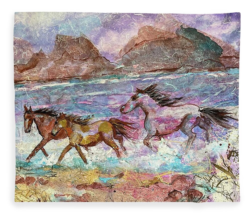 Horse Fleece Blanket featuring the painting Tres Amigos by Elaine Elliott