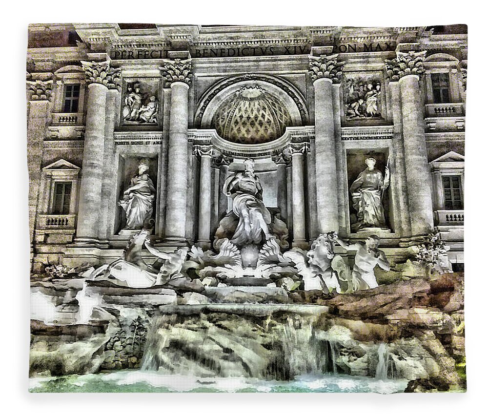 Italy Color Image  Horizontal   Piazza Di Trevi ×trevi Fountain ×capitol - Rome ×wishing ×baroque Style ×italian Culture ×fountain ×international Landmark ×architecture ×night ×statue ×no People ×famous Place ×sculpture ×travel Destinations ×water ×roman ×history ×ancient ×marble - Rock ×tourism ×travel ×outdoors ×carrara ×stone Material ×travertine Pool ×illuminated ×art ×monument ×city ×town Square × Eu Fleece Blanket featuring the photograph Trevi Fountain at Night Horizontal by Marian Tagliarino