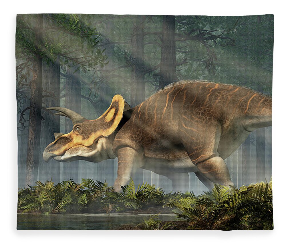 Triceratops Fleece Blanket featuring the digital art Triceratops in a Primeval Jungle by Daniel Eskridge