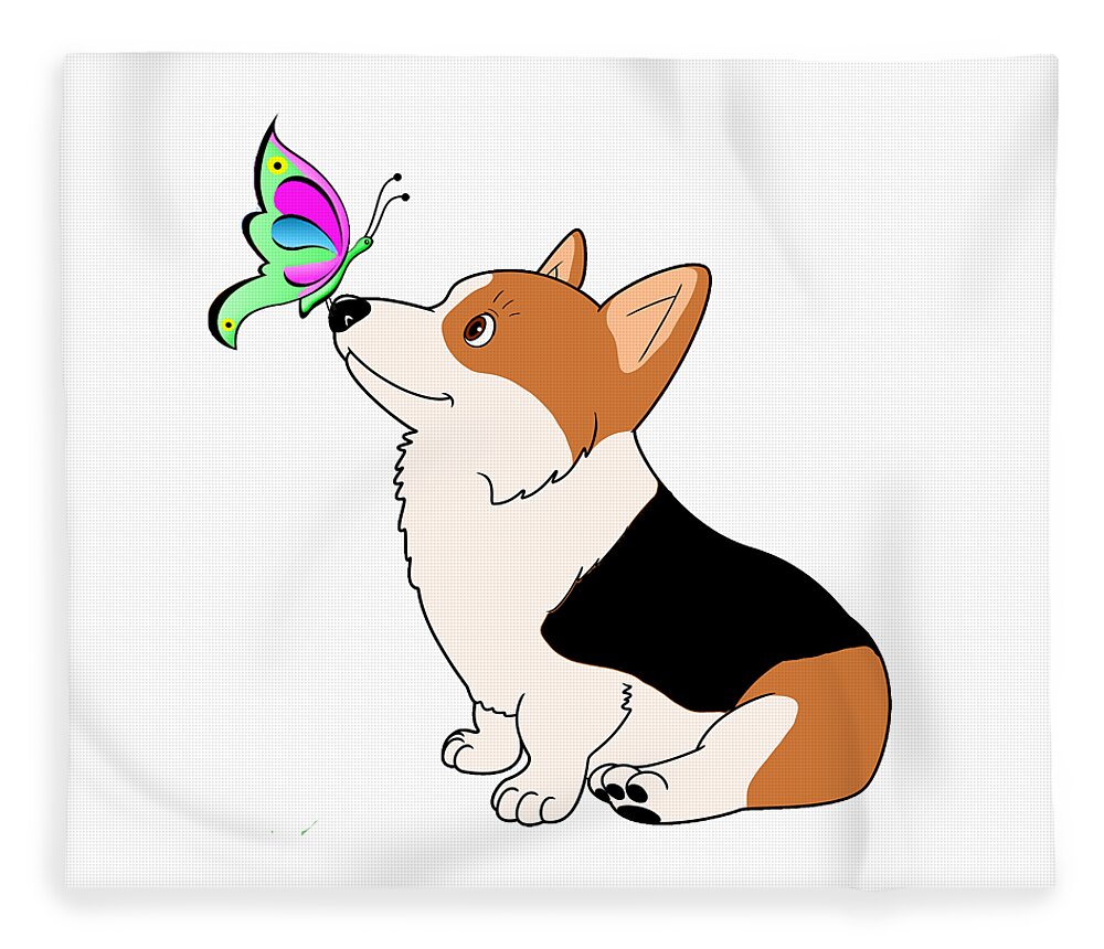 Welsh Corgi Fleece Blanket featuring the digital art Tricolor Corgi with Butterfly by Kathy Kelly