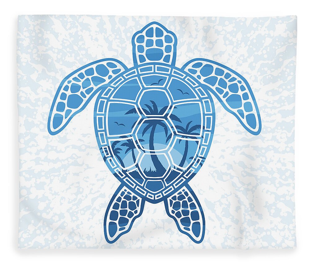 Blue Fleece Blanket featuring the digital art Tropical Island Sea Turtle Design in Blue by John Schwegel