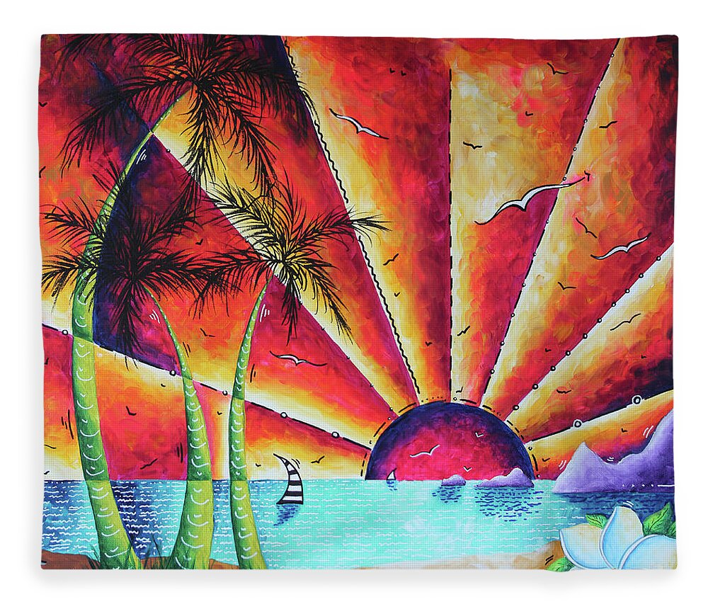 Tropical Fleece Blanket featuring the painting Tropical Sunset Ocean Seascape Original Art Painting Megan Duncanson by Megan Aroon