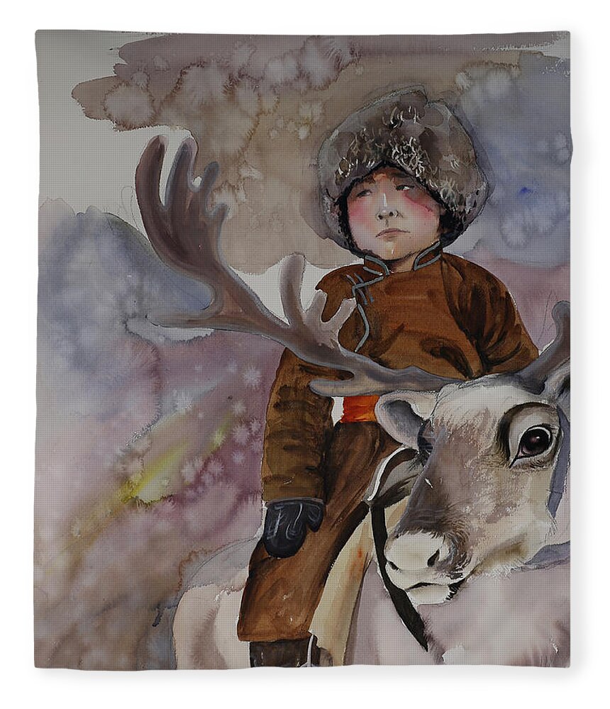 Bird Fleece Blanket featuring the painting Tsaatan Boy by Munkhzul Bundgaa