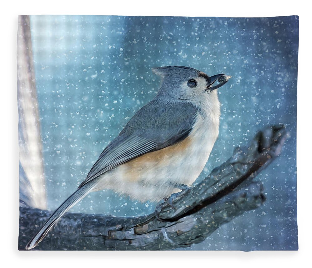 Titmouse Fleece Blanket featuring the photograph Tufty Snags a Winter Snack by Bill and Linda Tiepelman