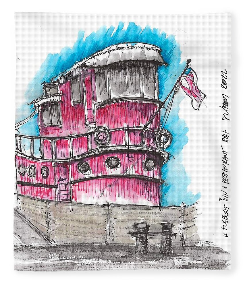 Tugboat Fleece Blanket featuring the drawing Tugboat Inn and Restaurant by Jason Nicholas